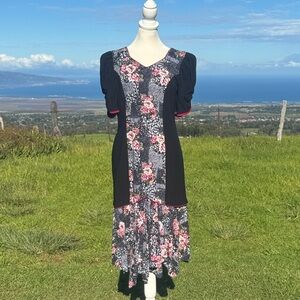 Vintage 80s RM Hawaii Aloha Cottage rose short Sleeve MIDI muumuu Dress Ruffle 0